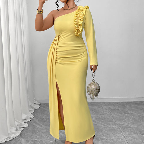 Elegant One-Shoulder Solid Maxi Dress with Ruffled Hem