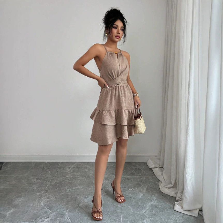 Halter V-Neck Waist-Cinched Dress with Ruffled Hem