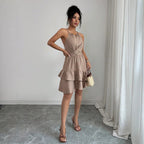 Halter V-Neck Waist-Cinched Dress with Ruffled Hem