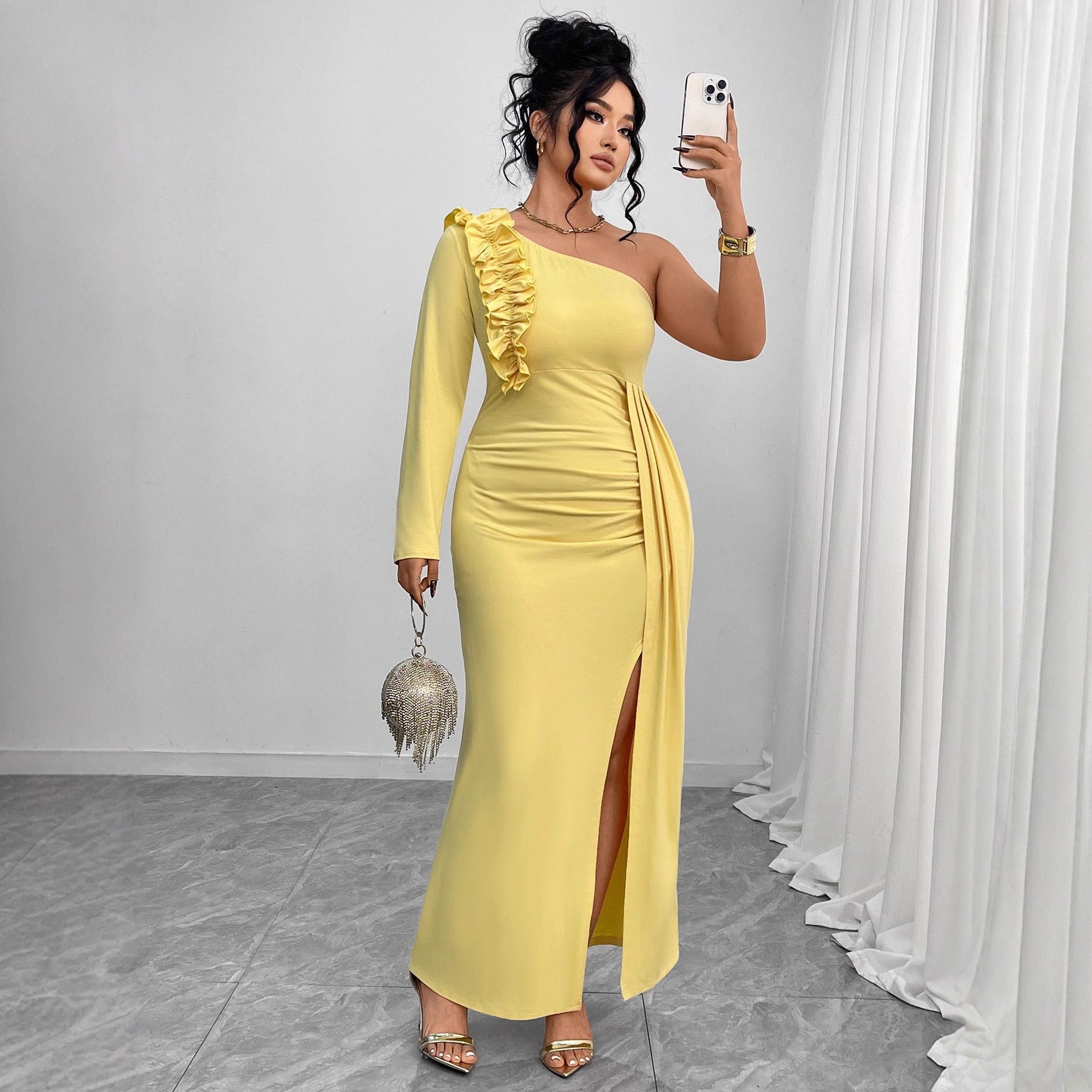 One-Shoulder Formal Dress with High Slit and Ruffle Detail