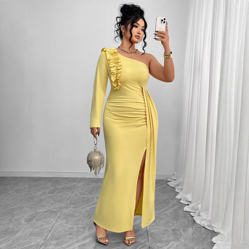 One-Shoulder Formal Dress with High Slit and Ruffle Detail