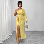 One-Shoulder Ruffled Hem High Slit Solid Dress