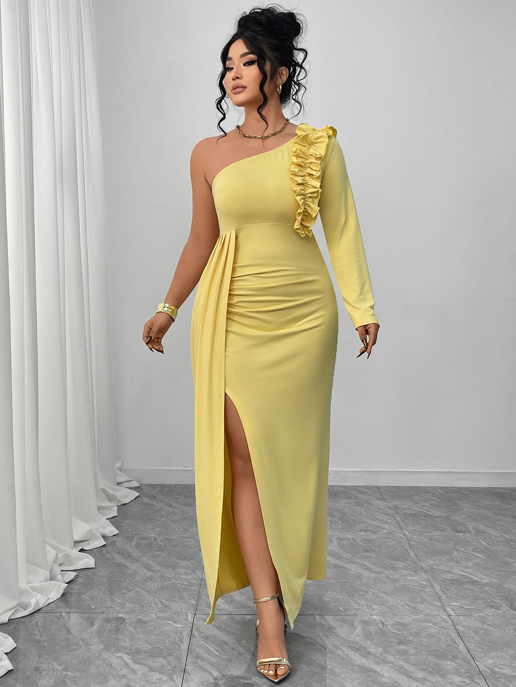 One-Shoulder Solid Dress with Ruffled Hem and High Slit