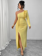 One-Shoulder Solid Dress with Ruffled Hem and High Slit