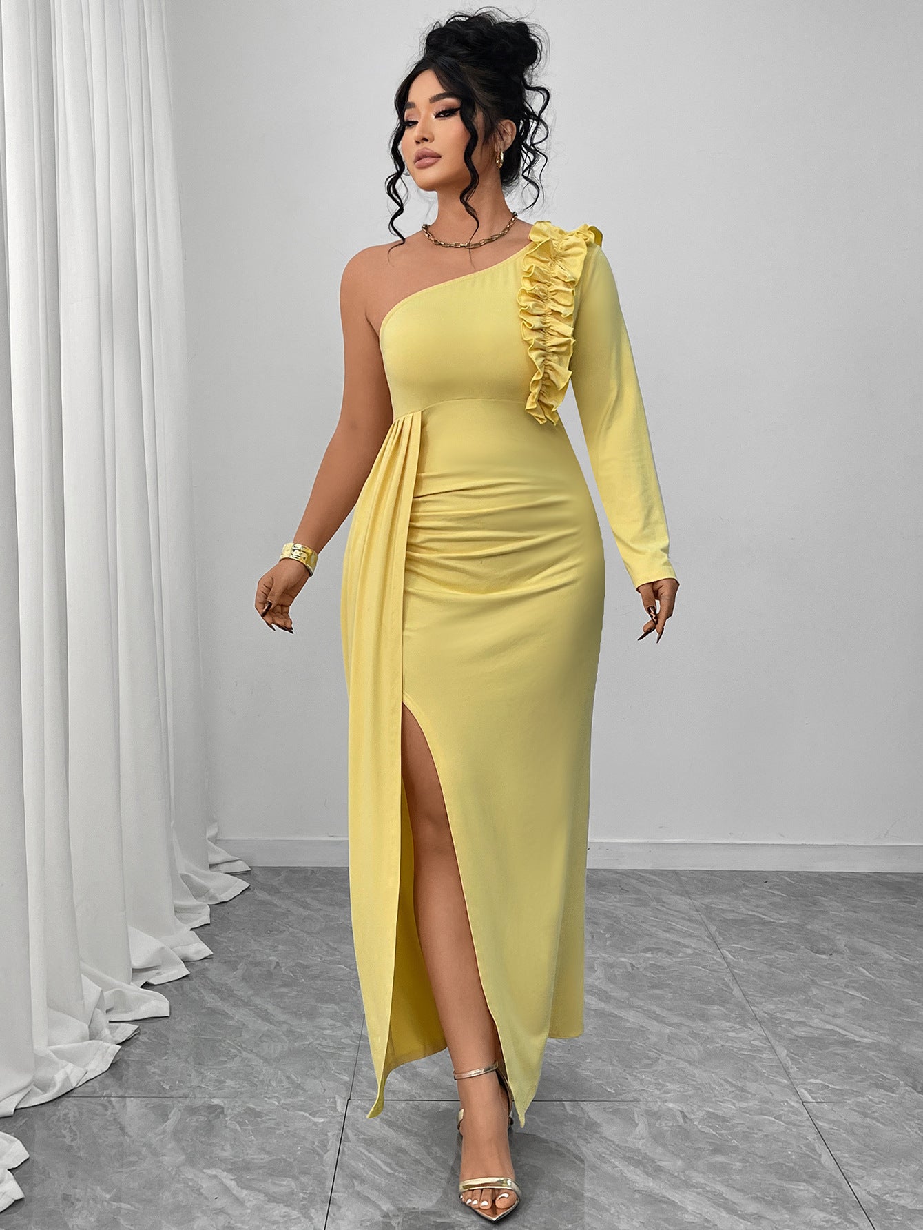 One-Shoulder Solid Dress with Ruffled Hem and High Slit