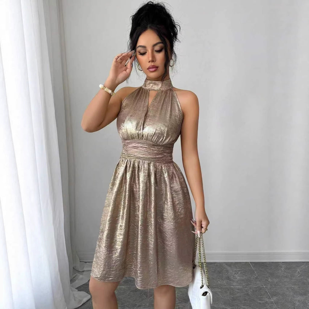 Shiny Halter Cutout Waist-Cinching Evening Mini Dress