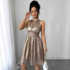 Shiny Halter Cutout Waist-Cinching Evening Mini Dress