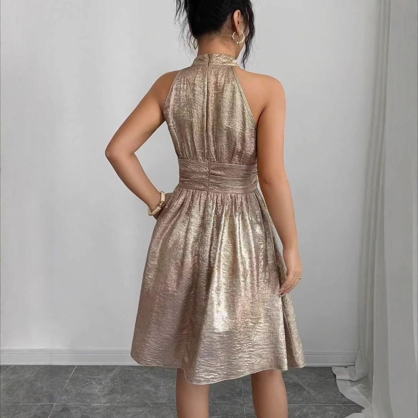 Shiny Halter Mini Dress with Cutout and Cinched Waist