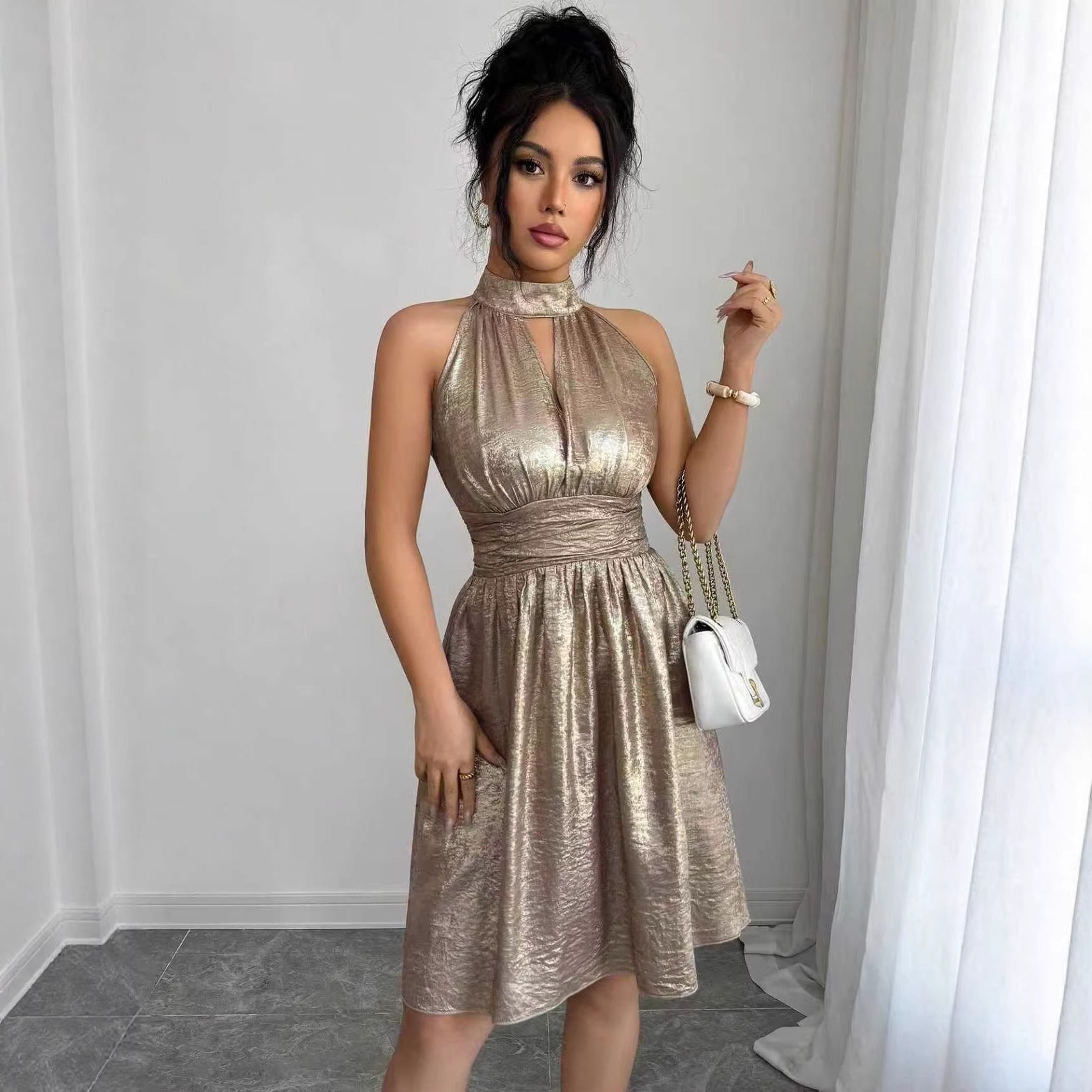 Shiny Waist-Cinching Halter Mini Dress for Evening Wear