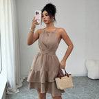 V-Neck Halter Resort Dress with Cinched Waist and Ruffle Hem