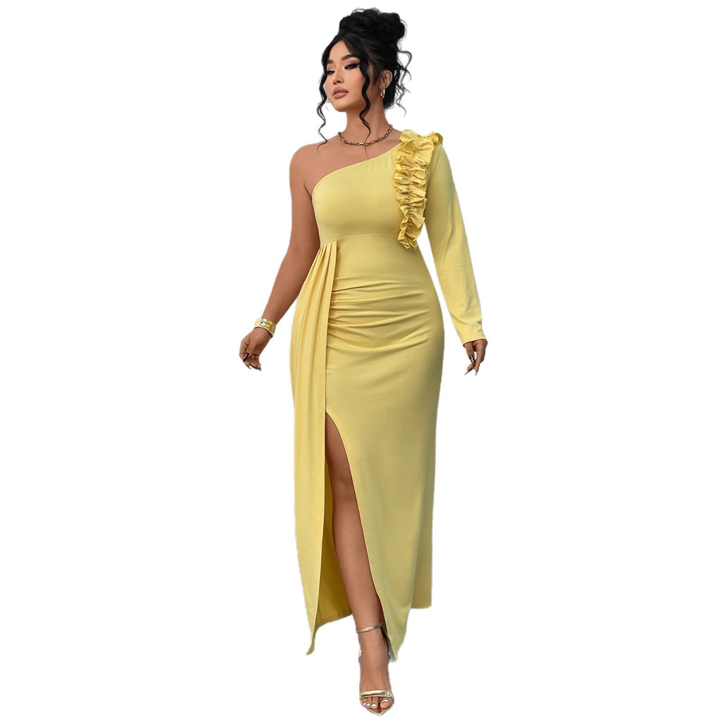 Women's One-Shoulder High Slit Ruffle Hem Maxi Dress