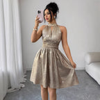 Women's Shiny Halter Cutout Waist-Cinching Evening Mini Dress